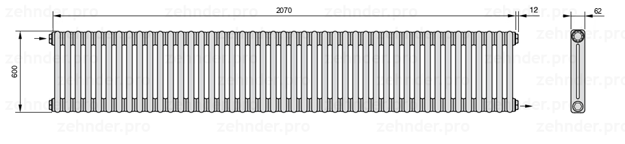 Схема (чертеж) Радиатор Zehnder Charleston 2060/45 №1670 Белый глянцевый RAL 9016